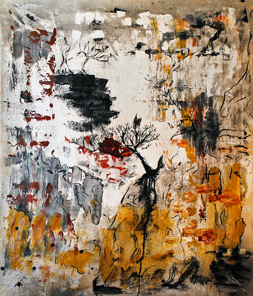 abstract painting: white, black, orange, and red with some lines suggesting a landscape with cliffs and trees