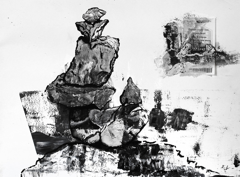 black and white painting of a small cairn with collaged state park receipt