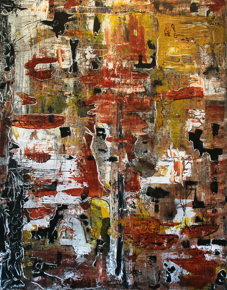 abstract painting in orange, yellow, black, and white