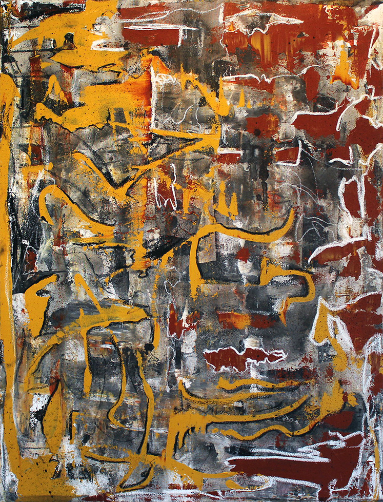 abstract painting in orange, yellow, black and white