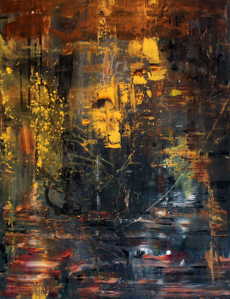 abstract painting in yellow, orange, black, and white
