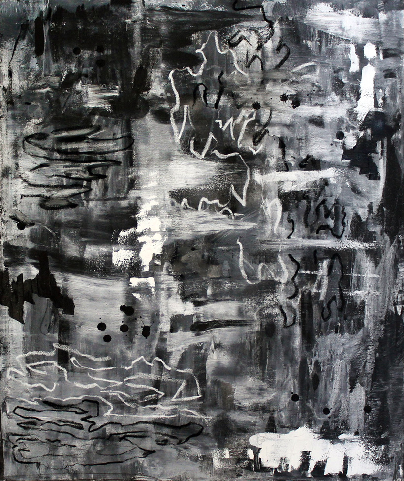 black and white abstract painting with some squiggly lines
