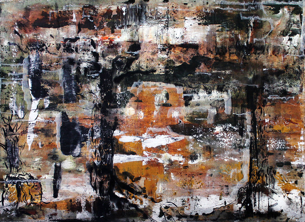abstract painting, mostly black and white, with some warm tones and tree-like shapes