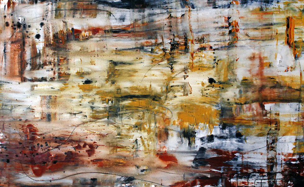 horizontal abstract painting in orange, yellow, black, and white