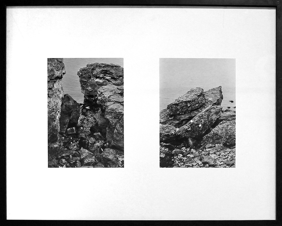 diptych framed black and white photos of rock formations by water