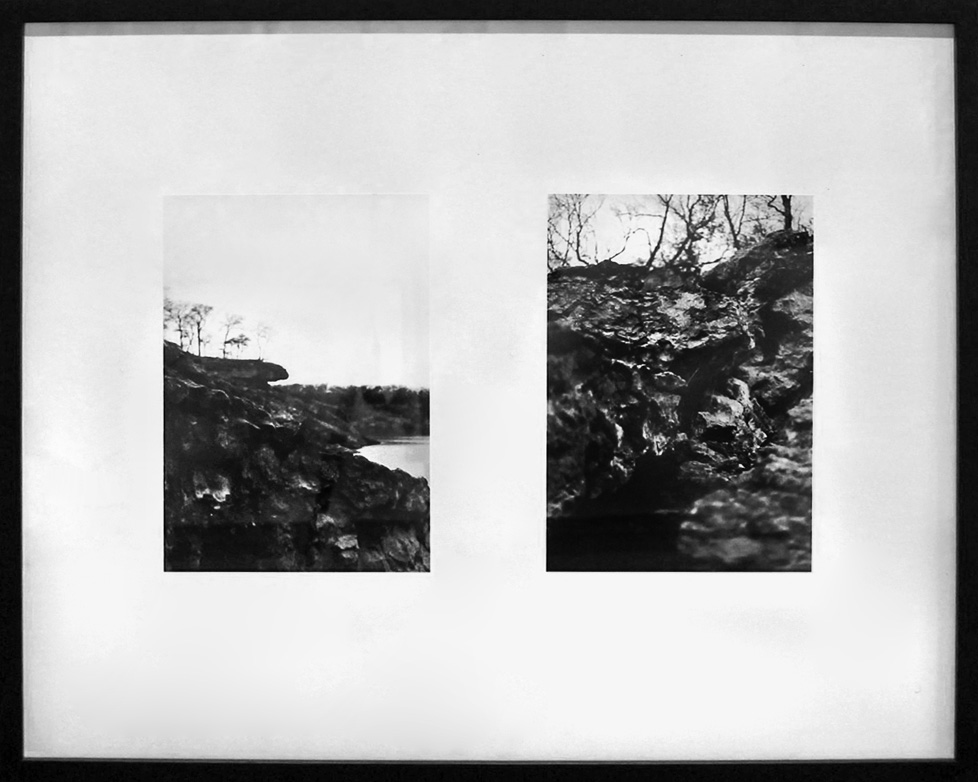 diptych framed black and white photo of rocky shorelines with trees
