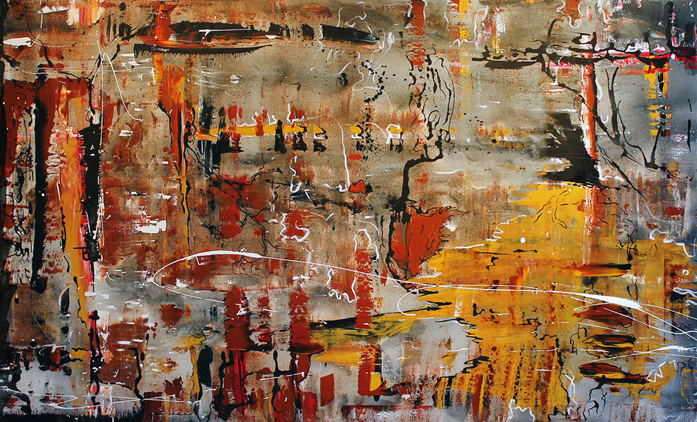 horizontal abstract painting in warm tones with some black and white outlining