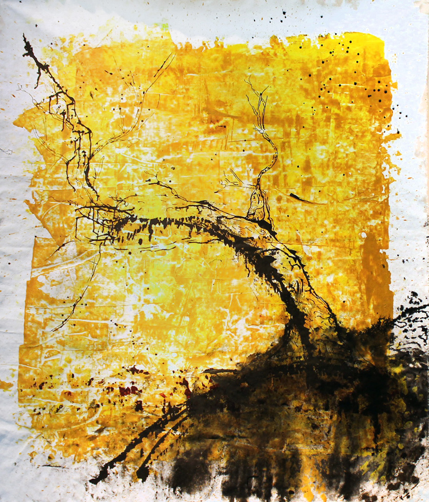painting of tree in black on a yellow ground