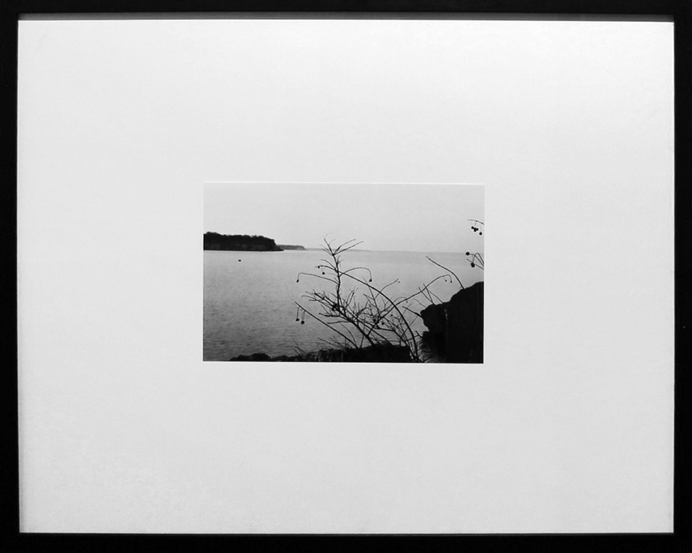 framed black and white photo of water between two shores with silhouetted branches