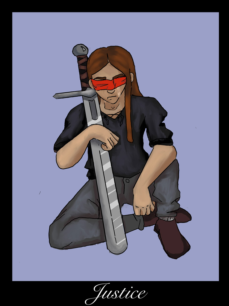 blindfolded man holding sword