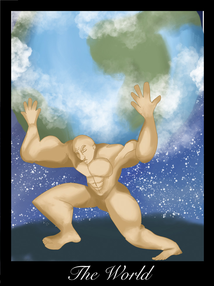 muscular nude holding earth