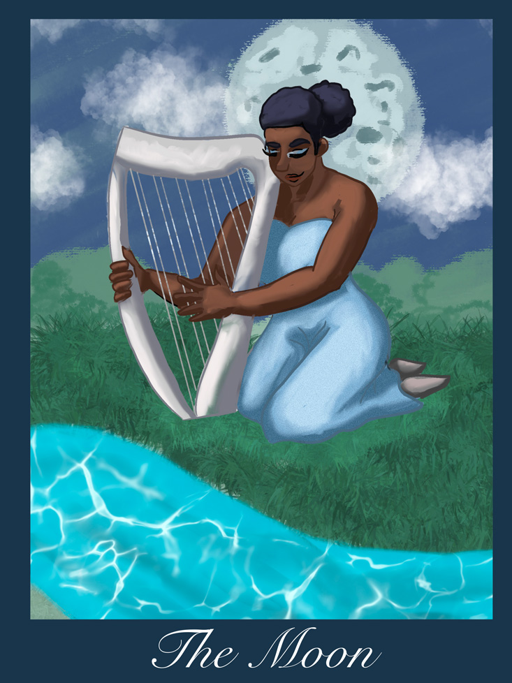 Woman playing harp by water at night