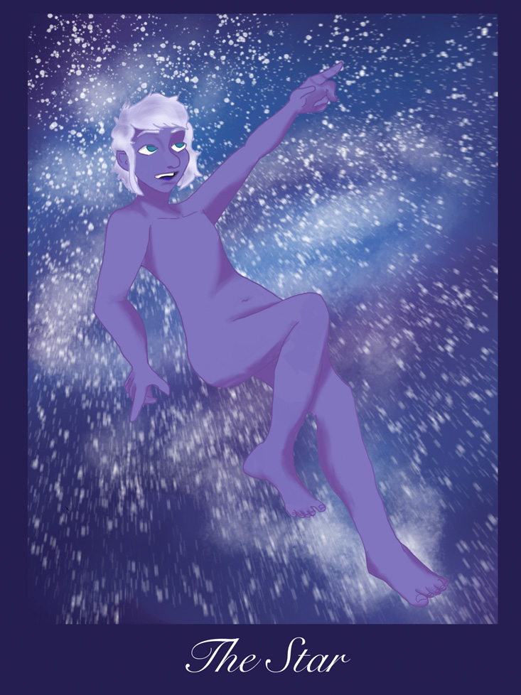 genderless purple nude floating in space