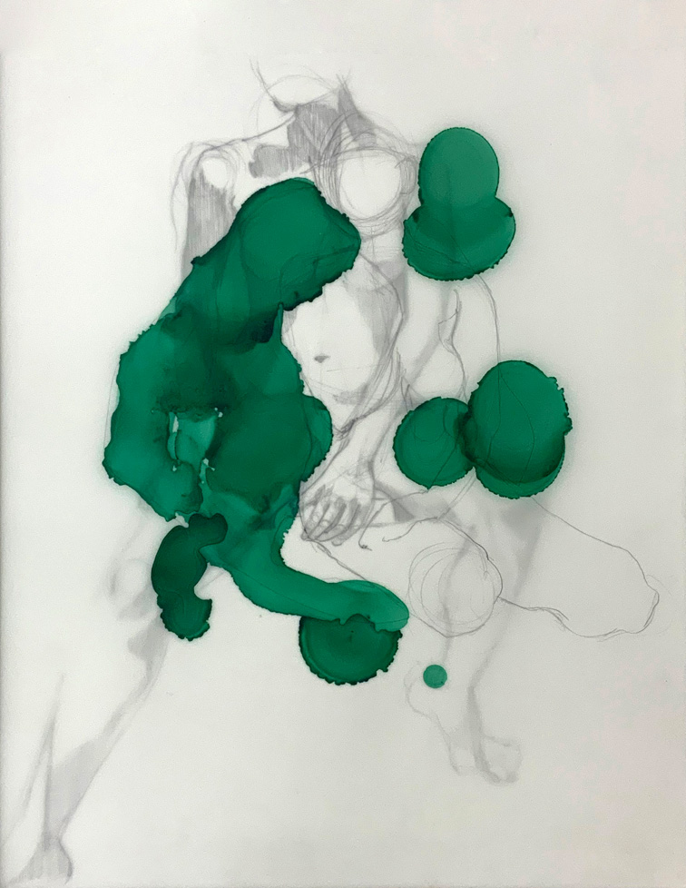 overlapping drawings of nudes and green blotches