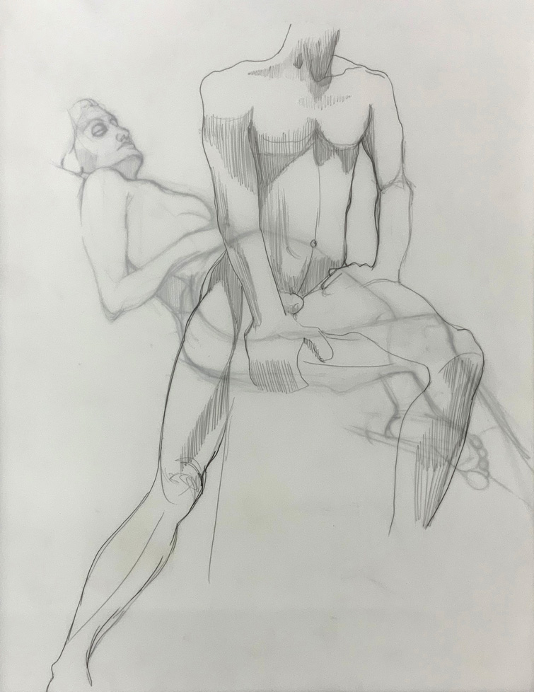overlapping drawings of reclining female nude and seated male nude