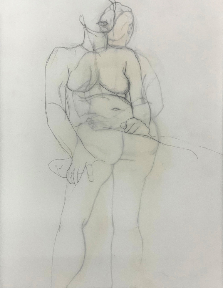 overlapping drawings of seated and standing nude women