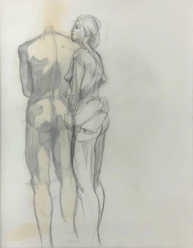 overlapping drawings of standing nude man and woman, slight yellow tint