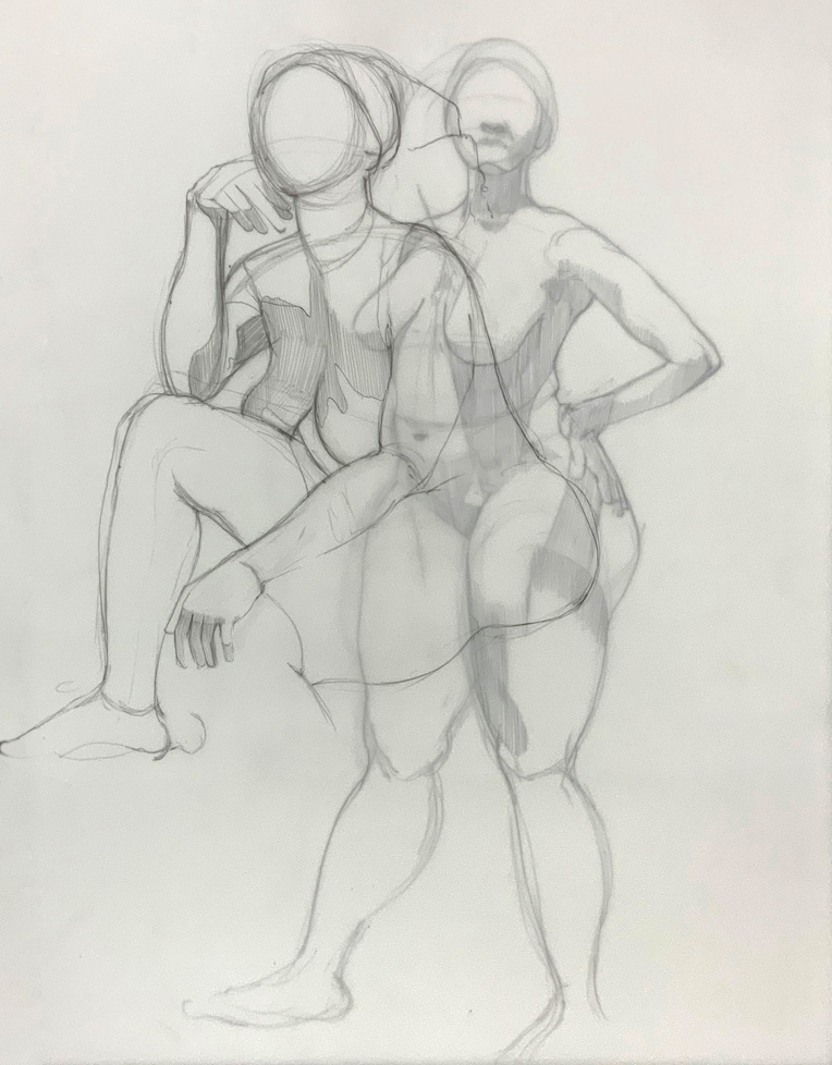 overlapping drawings of seated and standing nude women