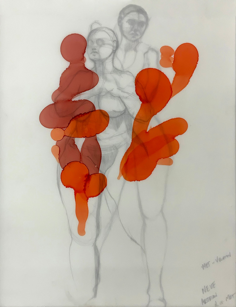 overlapping drawings of standing nude women with orange blotches