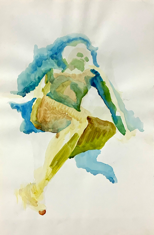 watercolor sketch of reclining nude in yellow and blue