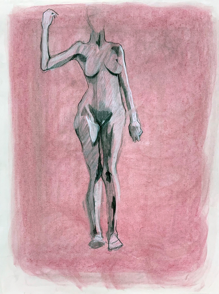 drawing of standing nude woman on pink ground