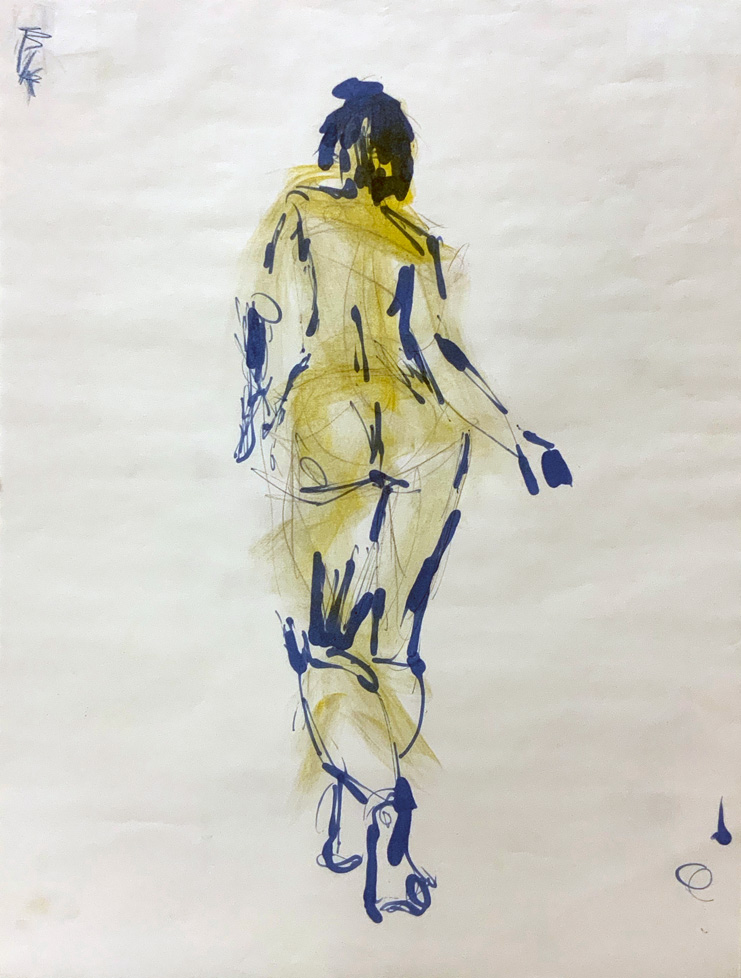 mixed media drawing of standing nude woman in yellow and blue