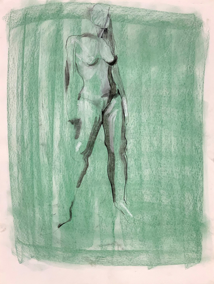 drawing of standing nude woman on green ground