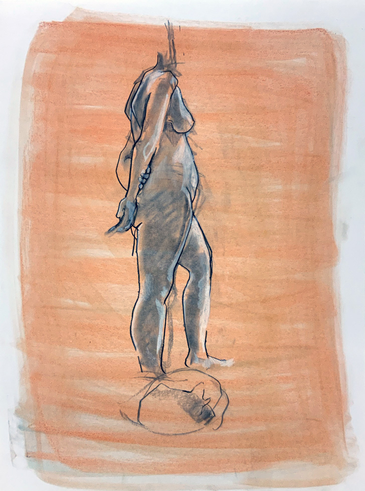 drawing of standing nude woman on orange ground
