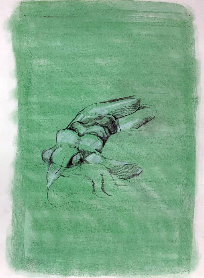 drawing of reclining nude woman on green ground