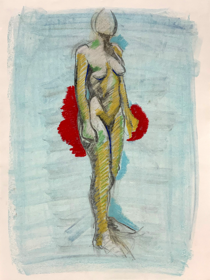 drawing of standing nude woman in yellow on blue ground with some red