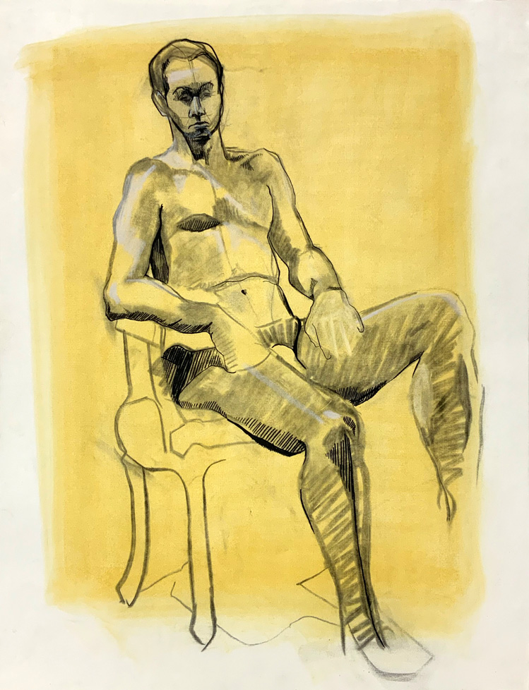drawing of seated nude man on yellow ground