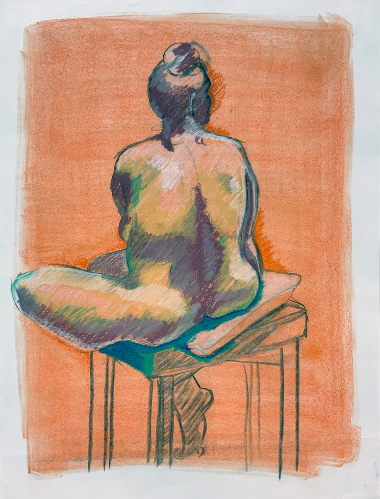 drawing of seated nude woman on orange ground, shading in blue-green