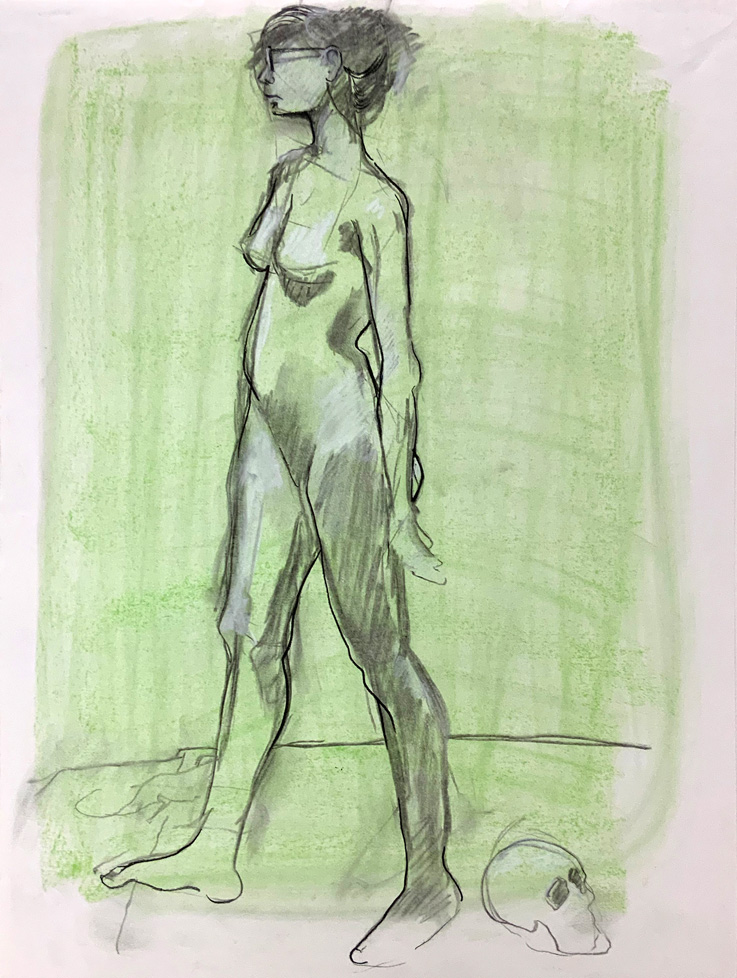 drawing of standing nude woman on pale green ground