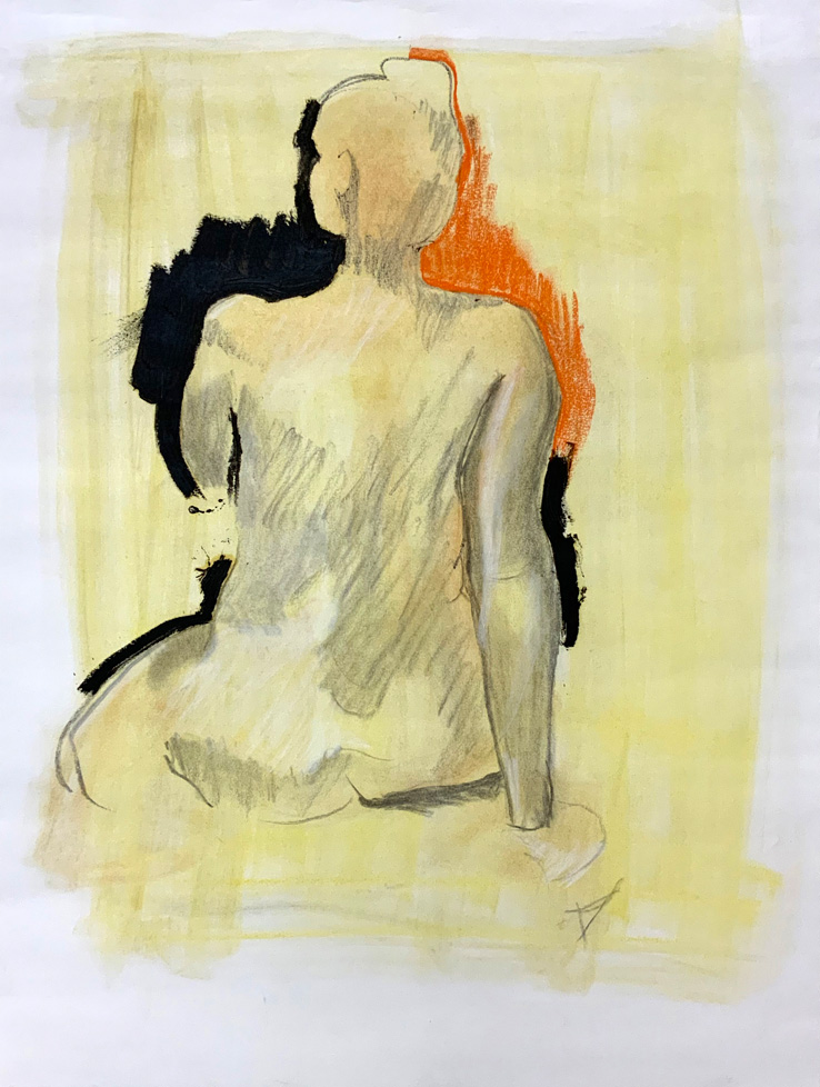 drawing of seated nude woman on yellow ground with some orange
