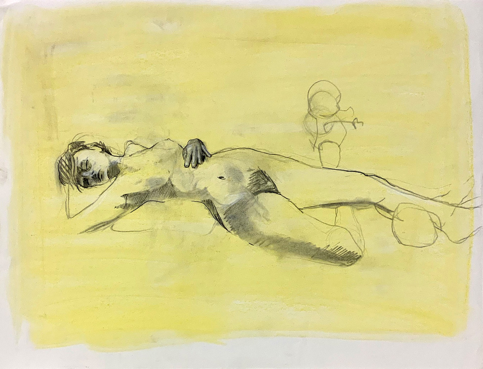 drawing of reclining nude woman on yellow ground