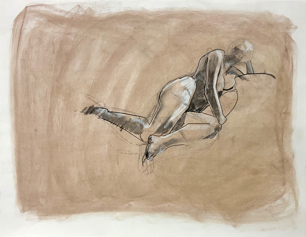 drawing of reclining nude woman on brown ground