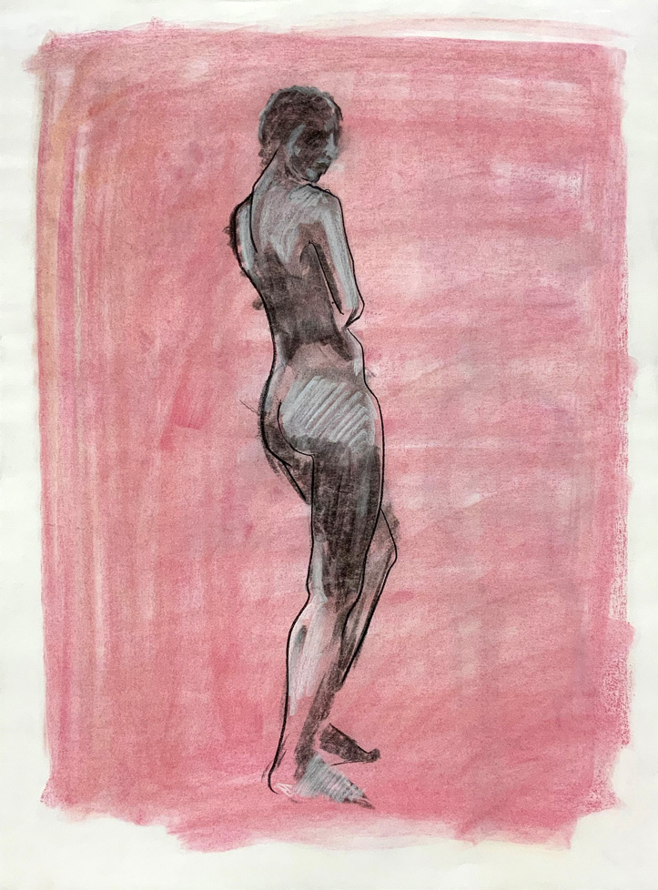 drawing of standing nude figure on red ground