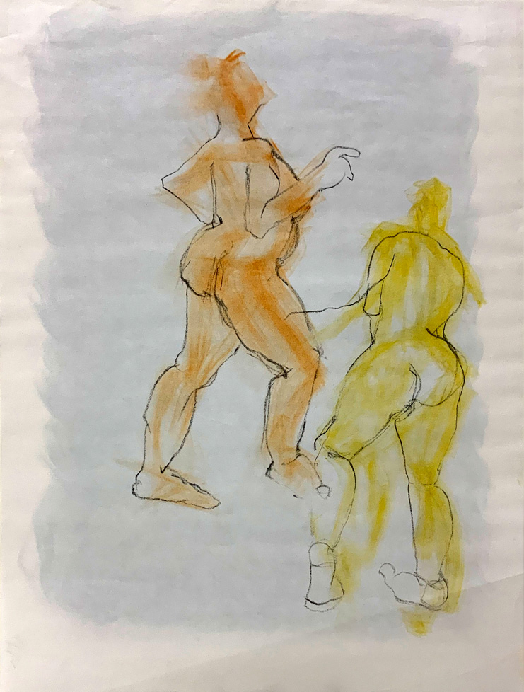 sketch of two nude woman in yellow and orange with black outlines