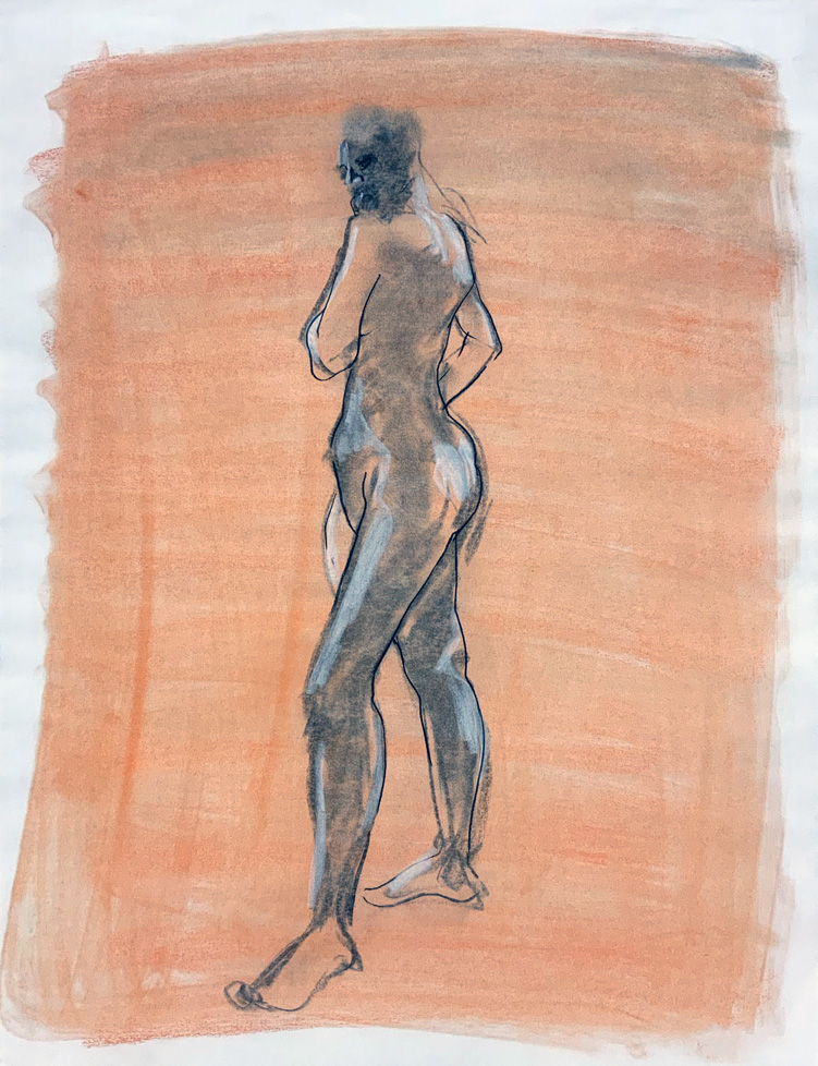 drawing of standing nude woman on orange ground
