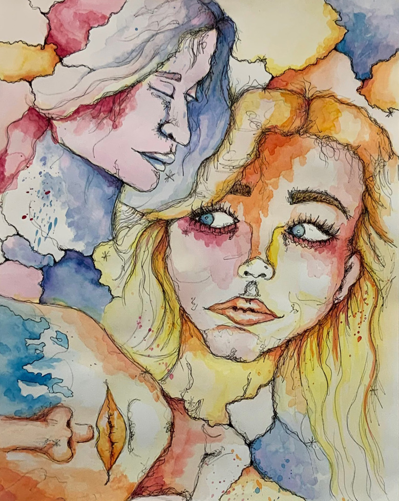 watercolor drawing of three faces