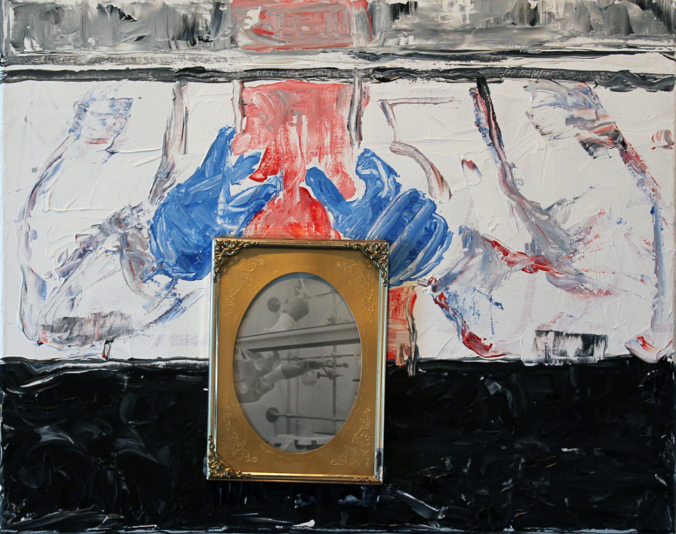 painting of person working at vent hood with small framed photo mounted on top
