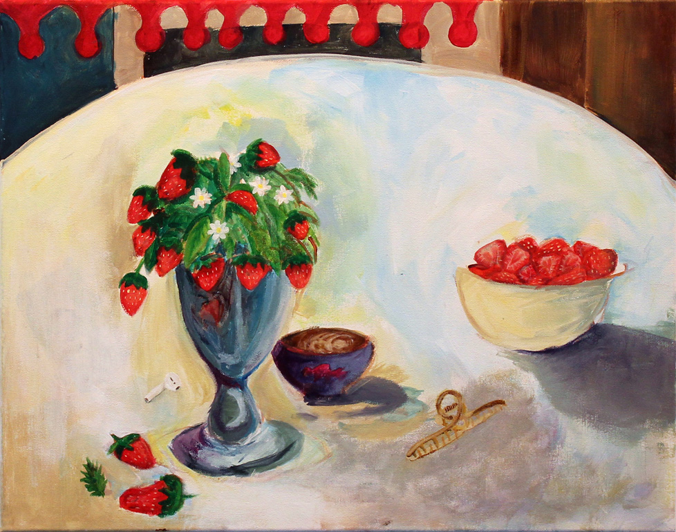 still-life painting of strawberries