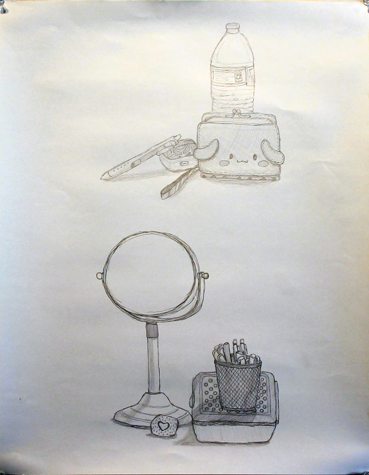 drawing of objects like bottle and mirror
