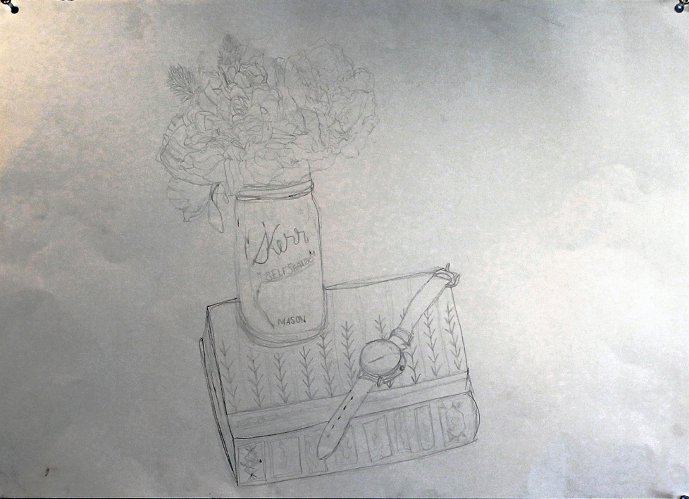 drawing of flowers and watch