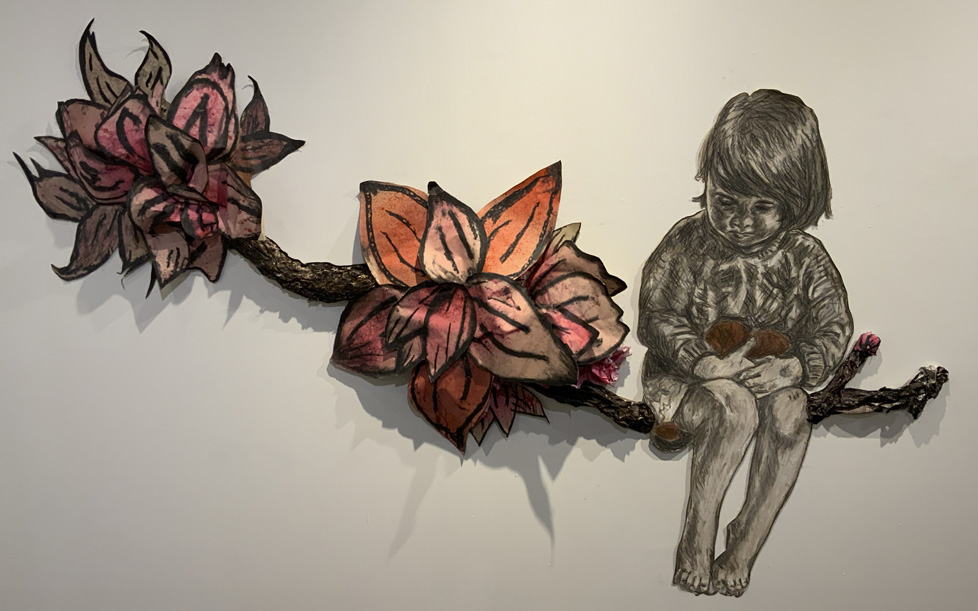 large drawing on paper with 3D flower/branch