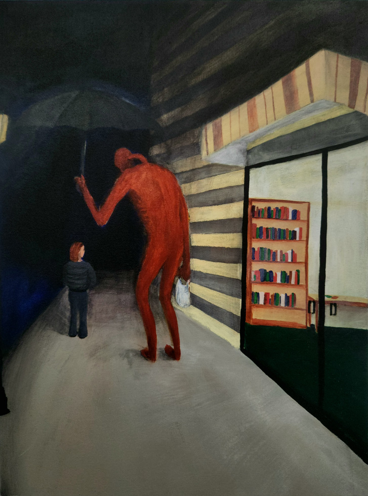 painting of creature holding umbrella for person on street