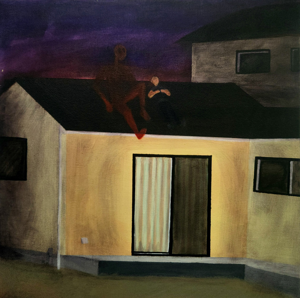 painting of creature and person sitting on roof