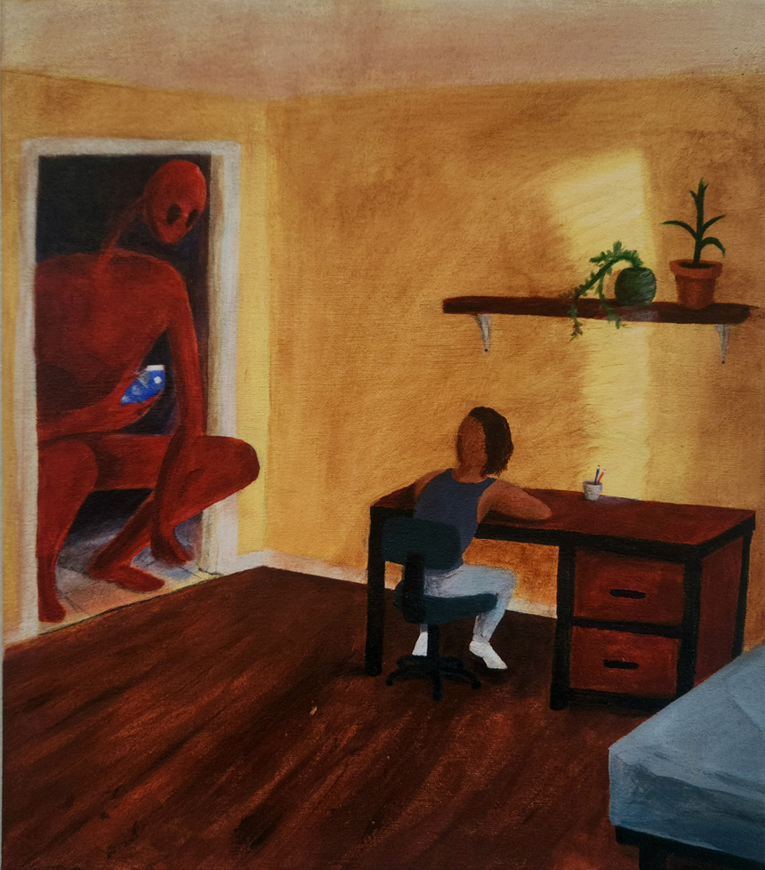 painting of creature squatting in doorway looking a person seated at desk