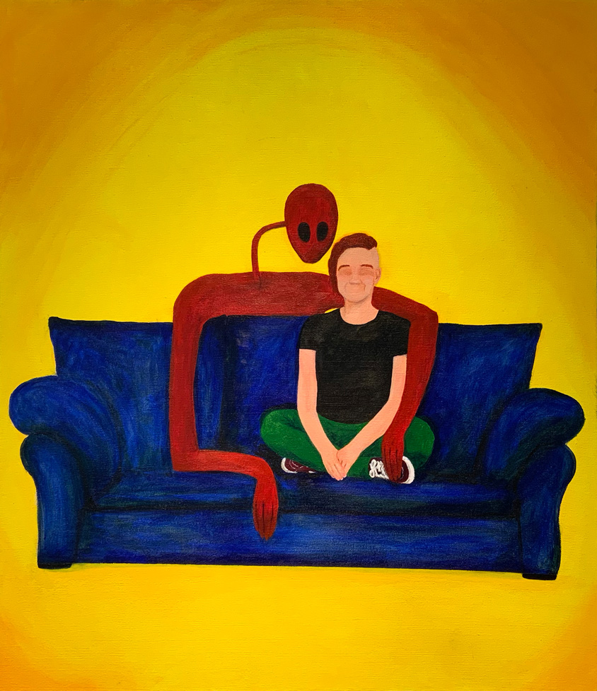 painting of creature with arm around person sitting on couch