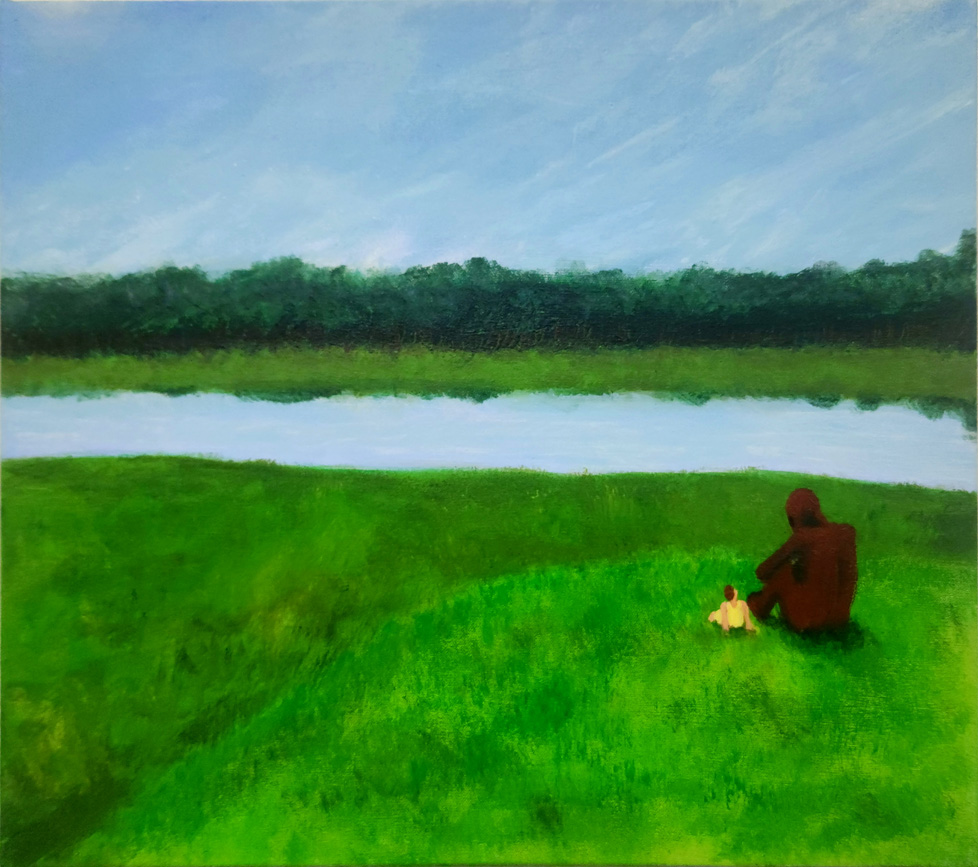 painting of person and creature sitting outside on grass